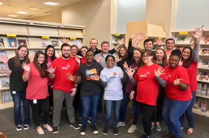 Some Charlotte Mecklenburg Library volunteers serve from organizations such as Price Waterhouse Cooper.