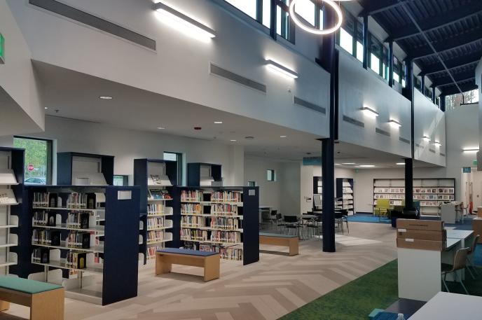 A lobby photo from Charlotte Mecklenburg Library's newly renovated North County Regional Library