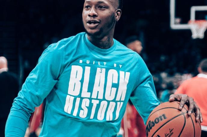 Terry Rozier of the Charlotte Hornets wears his NBA’s “Built by Black History” t-shirt earlier this month.  Photo copyright by Charlotte Hornets on Twitter. 