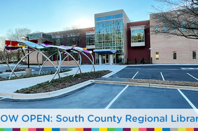 A view of the "Open Book, Open Minds" public art and entrance at Charlotte Mecklenburg Library's South County Regional Library branch. A view of the "Open Book, Open Minds" public art and entrance at Charlotte Mecklenburg Library's South County Regional Library branch.