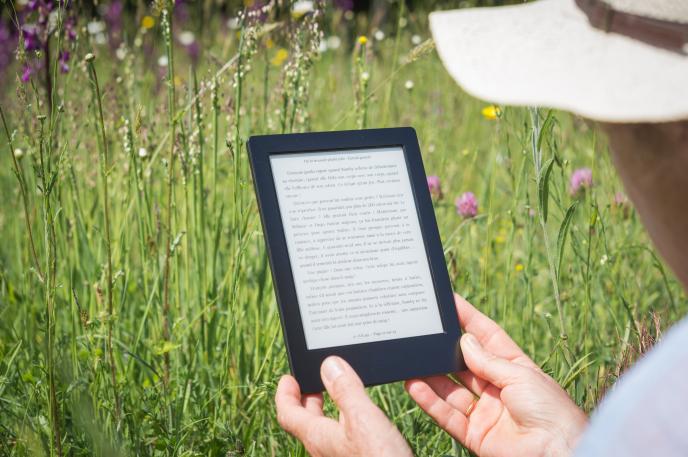 Person reading an ebook on a mobile device.